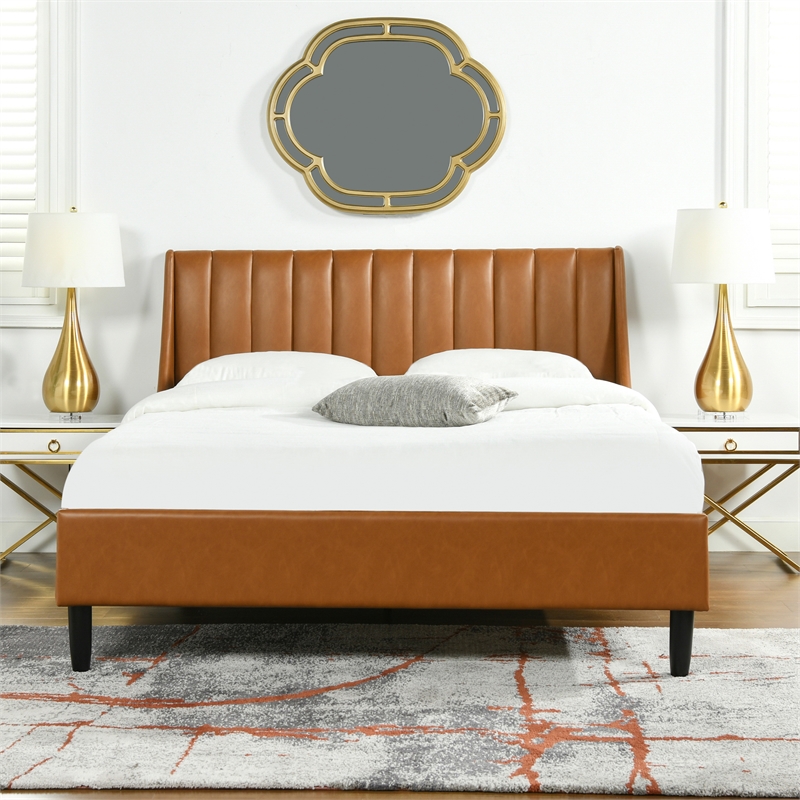 Aspen Vertical Tufted Modern Headboard Platform Bed Set Queen Caramel Tan Brown