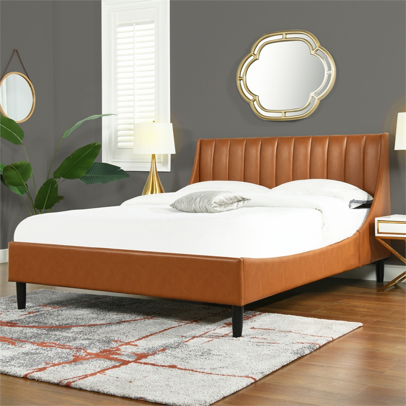 Aspen Vertical Tufted Modern Headboard Platform Bed Set Queen Caramel Tan Brown