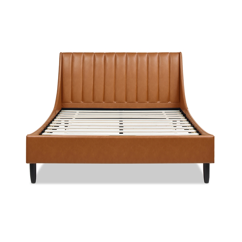 Aspen Vertical Tufted Modern Headboard Platform Bed Set Queen Caramel Tan Brown