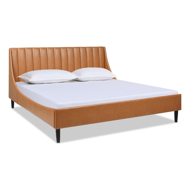 Aspen Vertical Tufted Headboard Platform Bed King Caramel Tan Brown Faux Leather