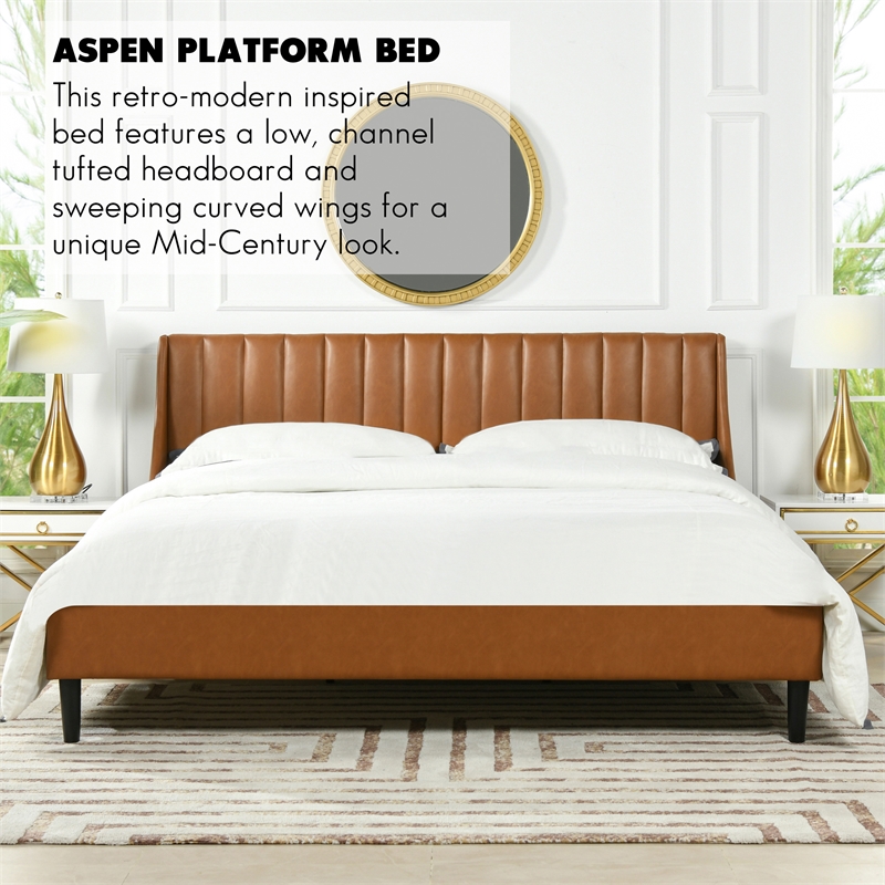 Aspen Vertical Tufted Headboard Platform Bed King Caramel Tan Brown Faux Leather