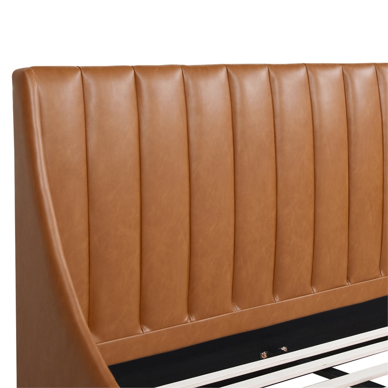 Aspen Vertical Tufted Headboard Platform Bed King Caramel Tan Brown Faux Leather