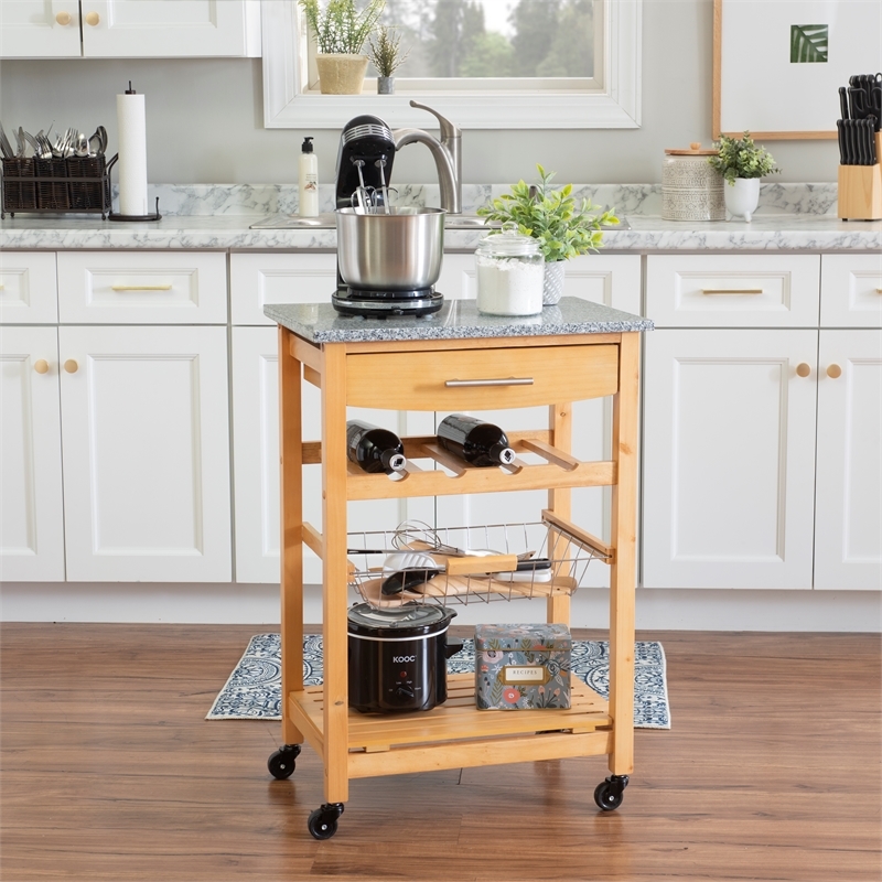 Riverbay Furniture Transitional Wood/Granite Top Kitchen Cart in Natural
