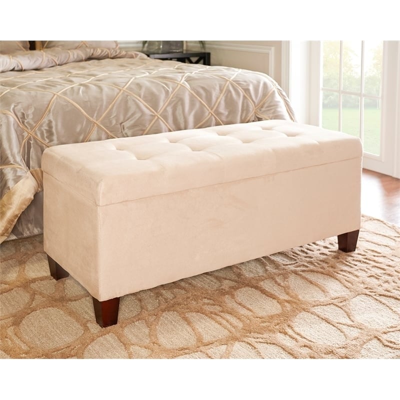 Riverbay Furniture Upholstered Tufted Microfiber Shoe Storage Ottoman in Beige