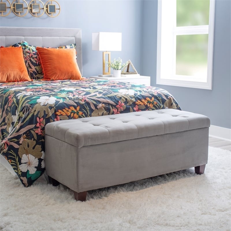Riverbay Furniture Transitional Microfiber Shoe Storage Ottoman in Gray