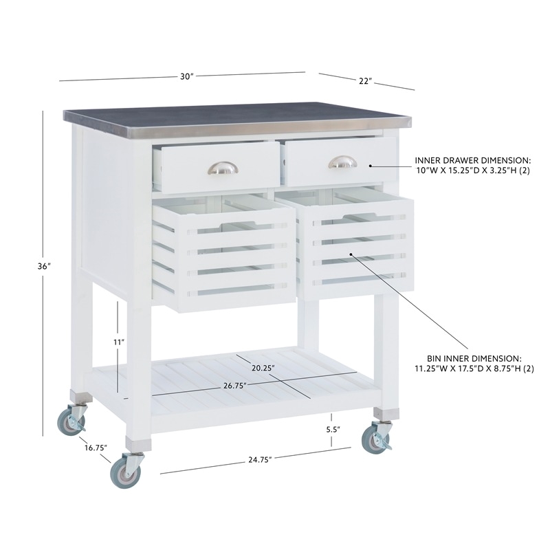 Riverbay Furniture Transitional Wood/Stainless Steel Top Kitchen Cart in White