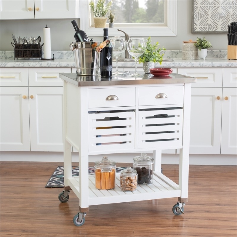 Riverbay Furniture Transitional Wood/Stainless Steel Top Kitchen Cart in White