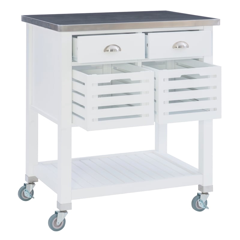 Riverbay Furniture Transitional Wood/Stainless Steel Top Kitchen Cart in White