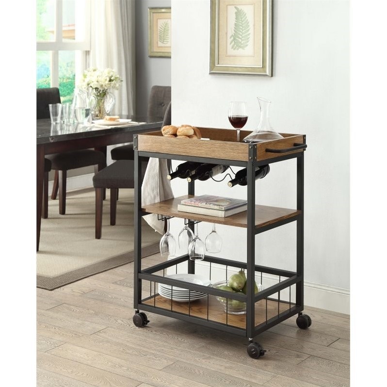 Riverbay Furniture Wood Rolling Bar Cart with Wine and Glass Rack in Black