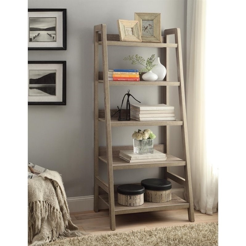 Riverbay Furniture 5 Open Shelves Wood Ladder Bookshelf Bookcase in Gray Wash
