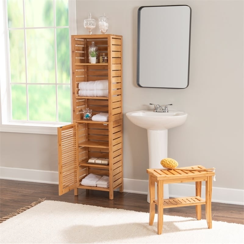 Riverbay Furniture Tall Bamboo Cabinet w/ 6-Shelf Tower & Door in Natural Brown