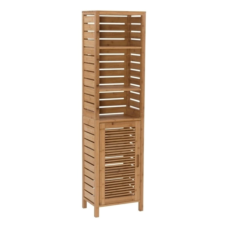 Riverbay Furniture Tall Bamboo Cabinet w/ 6-Shelf Tower & Door in Natural Brown