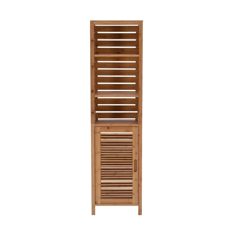 Riverbay Furniture Tall Bamboo Cabinet w/ 6-Shelf Tower & Door in Natural Brown