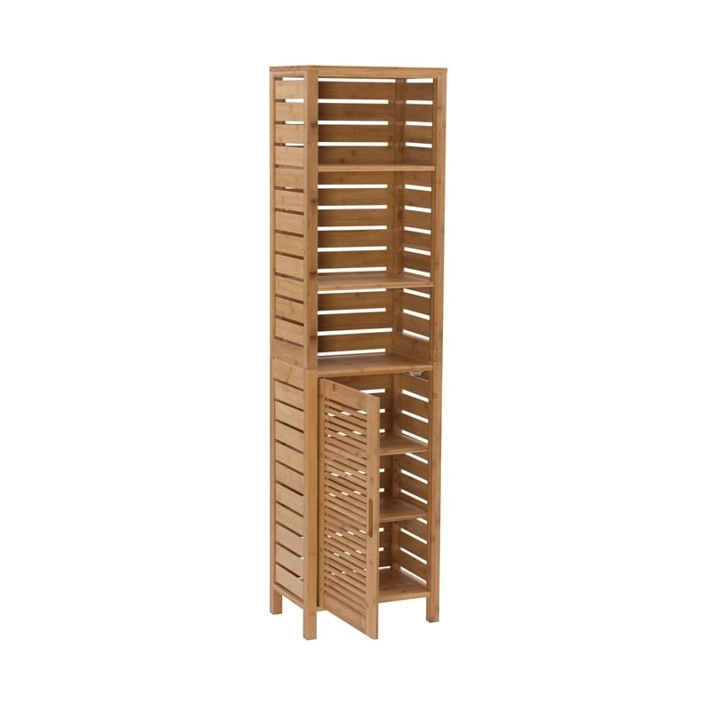 Riverbay Furniture Tall Bamboo Cabinet w/ 6-Shelf Tower & Door in Natural Brown