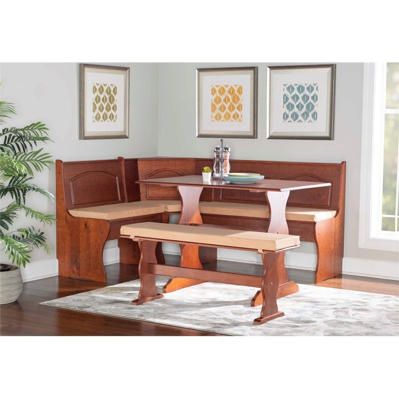 Riverbay Furniture Wood Brown 3Pc Patio Corner Table Booth Bench Dining Set
