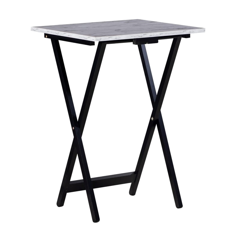 Riverbay Furniture 5-Piece Marble Folding Tray Table Set w/ Stand in White/Black