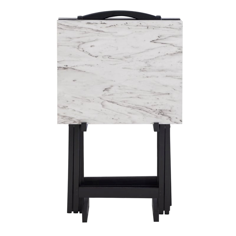Riverbay Furniture 5-Piece Marble Folding Tray Table Set w/ Stand in White/Black