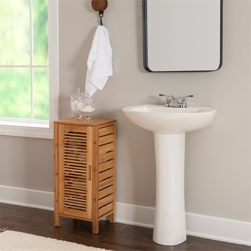 Riverbay Furniture Transitional Bamboo Cabinet with Door & 3 Shelves in Natural