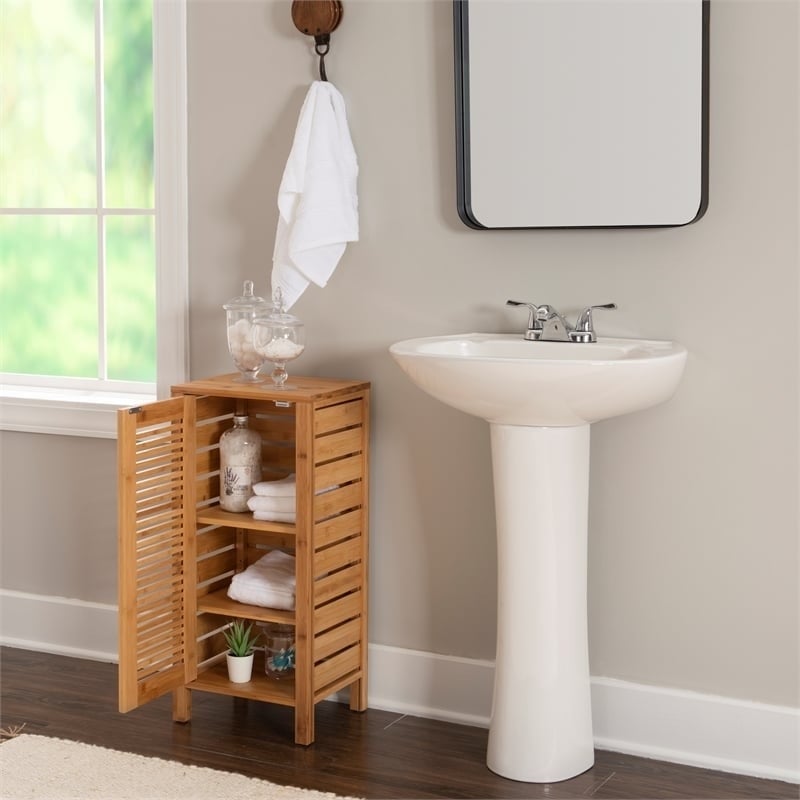 Riverbay Furniture Transitional Bamboo Cabinet with Door & 3 Shelves in Natural