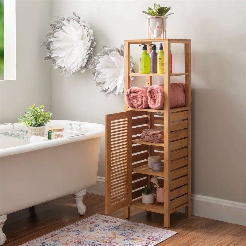 Riverbay Furniture Transitional Bamboo Tower with 5 Spacious Shelves in Brown