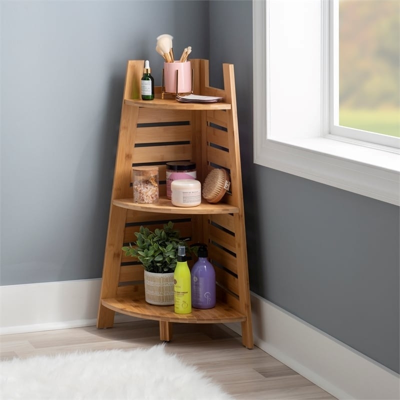 Riverbay Furniture Transitional Bamboo Corner Shelf in Natural Brown