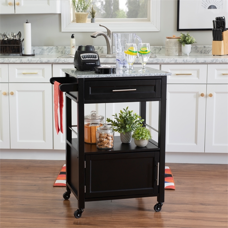 Riverbay Furniture Transitional Wood/Granite Top Kitchen Cart in Classic Black