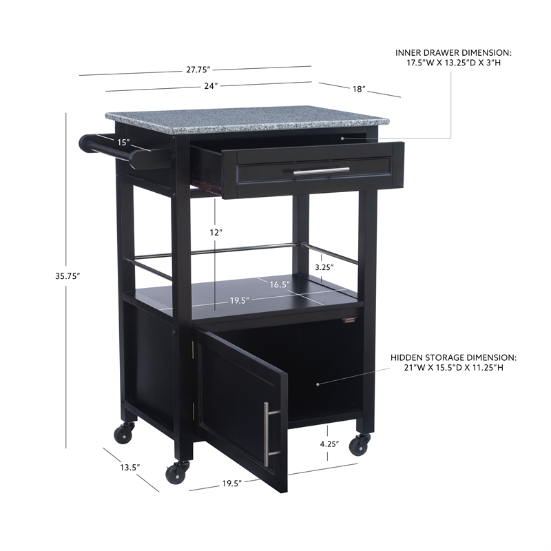Riverbay Furniture Transitional Wood/Granite Top Kitchen Cart in Classic Black