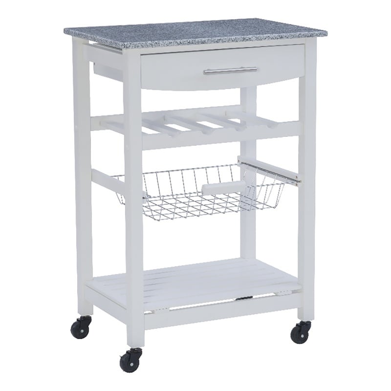 Riverbay Furniture Pine Wood White Kitchen Island Rectangular Food-Safe Granite Top Locking Casters