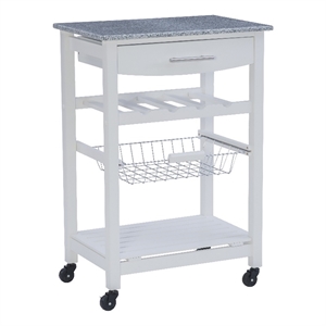 Riverbay Furniture Pine Wood White Kitchen Island Rectangular Food-Safe Granite Top Locking Casters