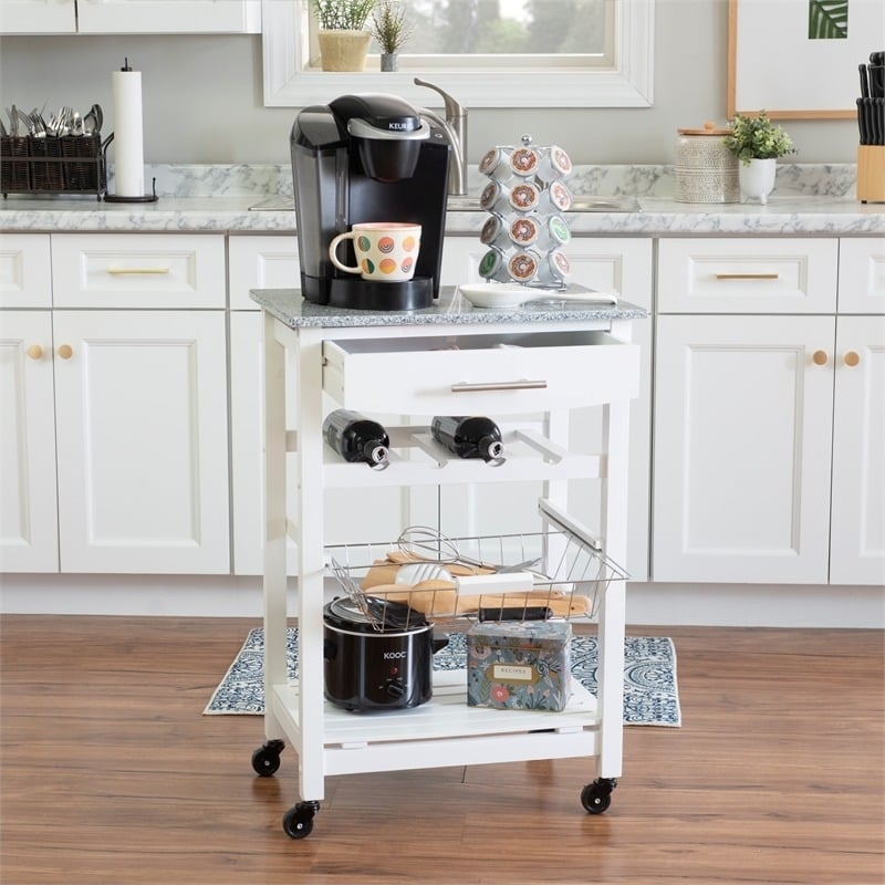 Riverbay Furniture Pine Wood White Kitchen Island Rectangular Food-Safe Granite Top Locking Casters