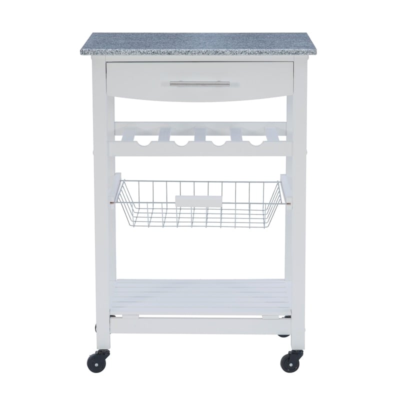 Riverbay Furniture Pine Wood White Kitchen Island Rectangular Food-Safe Granite Top Locking Casters