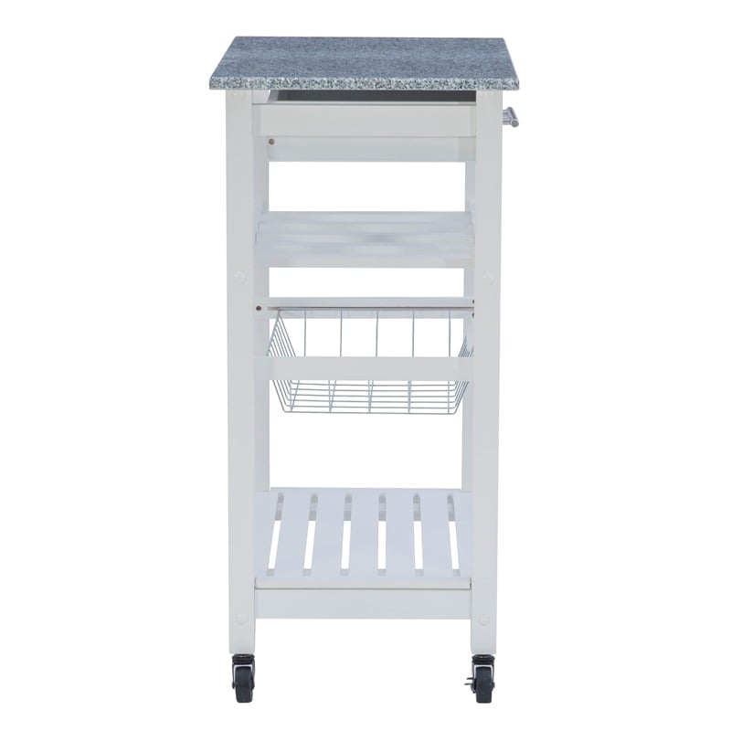 Riverbay Furniture Pine Wood White Kitchen Island Rectangular Food-Safe Granite Top Locking Casters