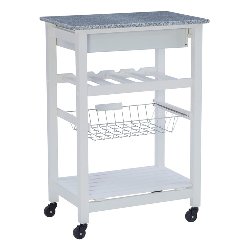 Riverbay Furniture Pine Wood White Kitchen Island Rectangular Food-Safe Granite Top Locking Casters