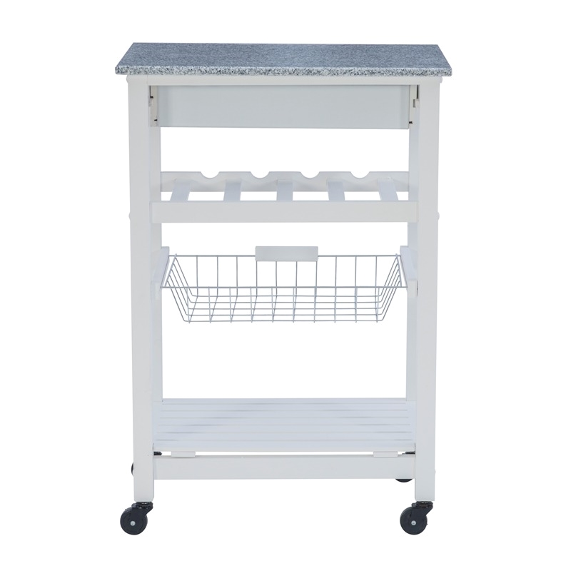 Riverbay Furniture Pine Wood White Kitchen Island Rectangular Food-Safe Granite Top Locking Casters