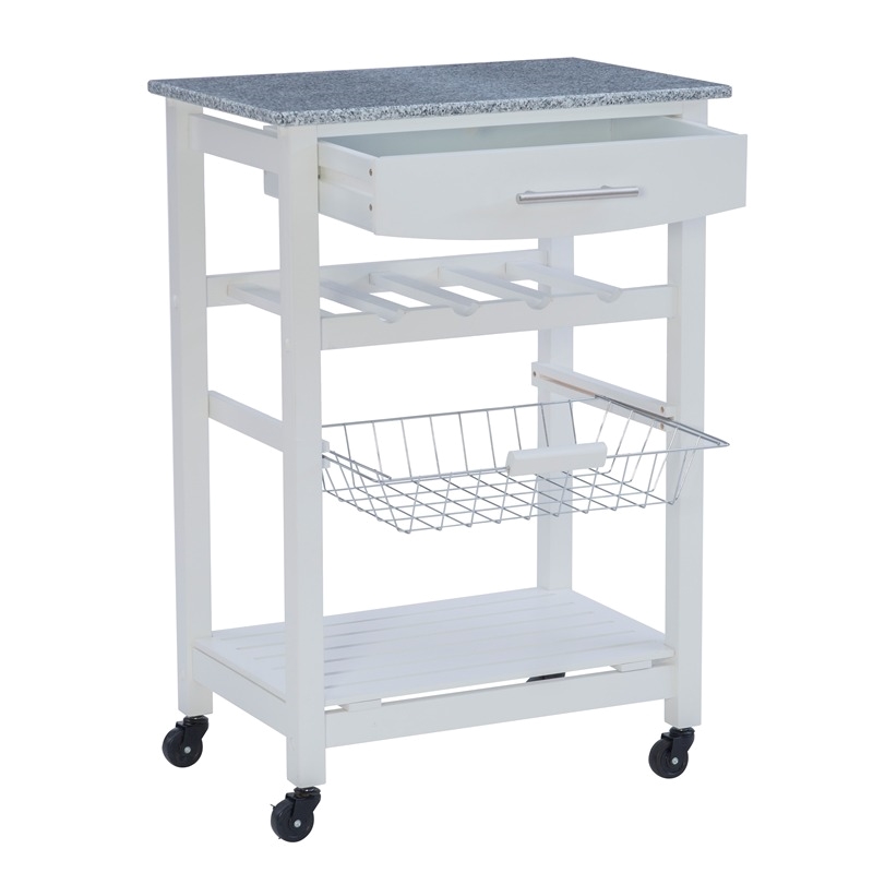 Riverbay Furniture Pine Wood White Kitchen Island Rectangular Food-Safe Granite Top Locking Casters