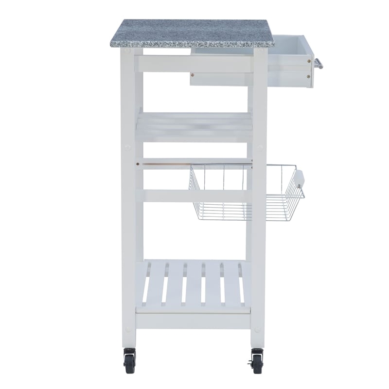 Riverbay Furniture Pine Wood White Kitchen Island Rectangular Food-Safe Granite Top Locking Casters