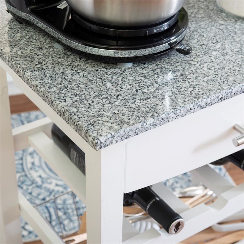 Riverbay Furniture Pine Wood White Kitchen Island Rectangular Food-Safe Granite Top Locking Casters