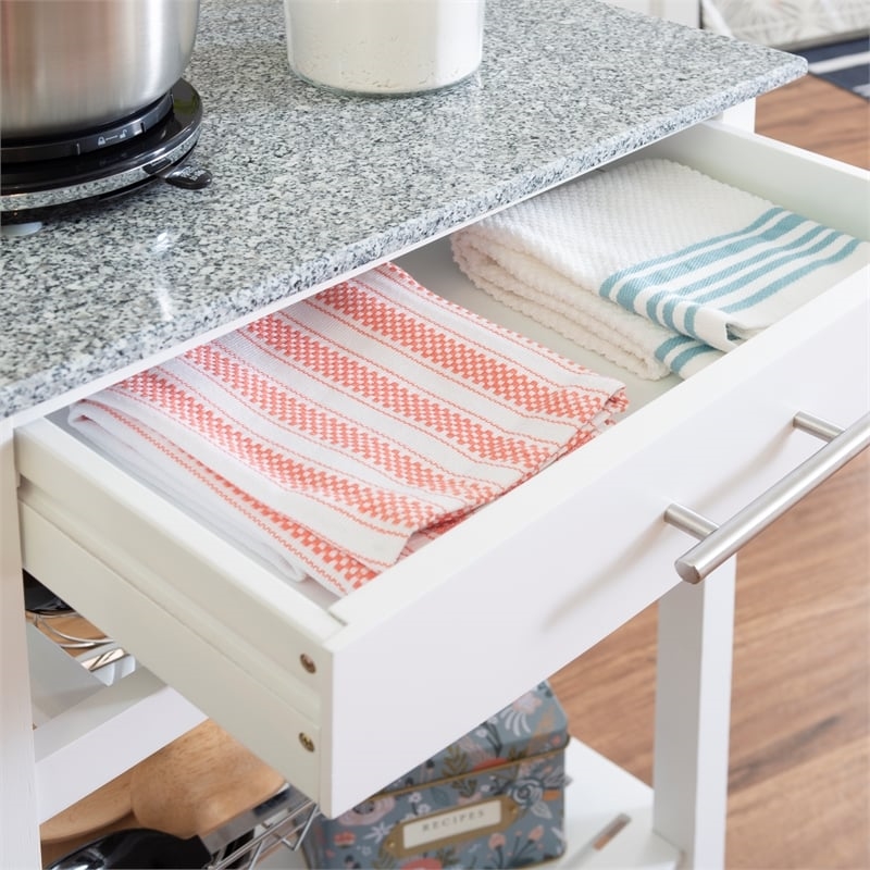 Riverbay Furniture Pine Wood White Kitchen Island Rectangular Food-Safe Granite Top Locking Casters