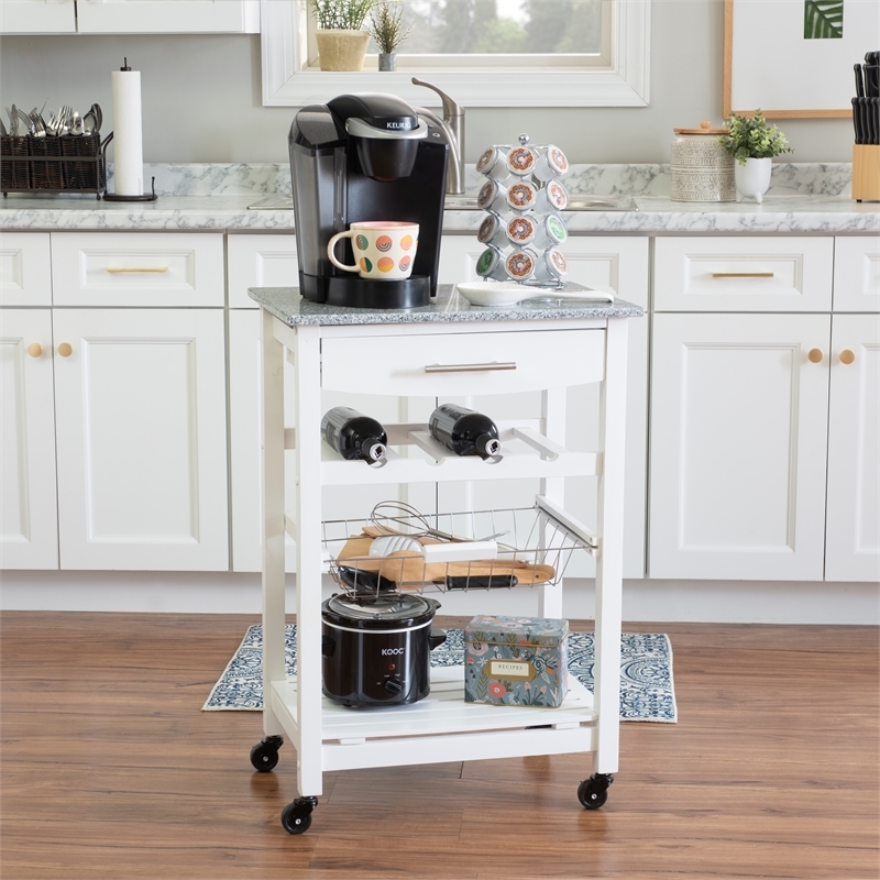 Riverbay Furniture Pine Wood White Kitchen Island Rectangular Food-Safe Granite Top Locking Casters