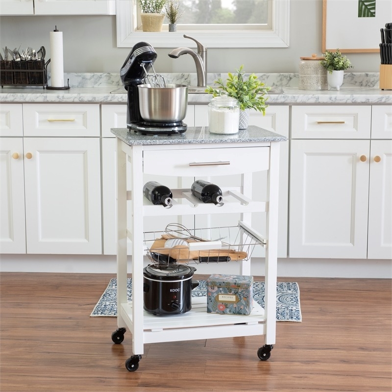 Riverbay Furniture Pine Wood White Kitchen Island Rectangular Food-Safe Granite Top Locking Casters