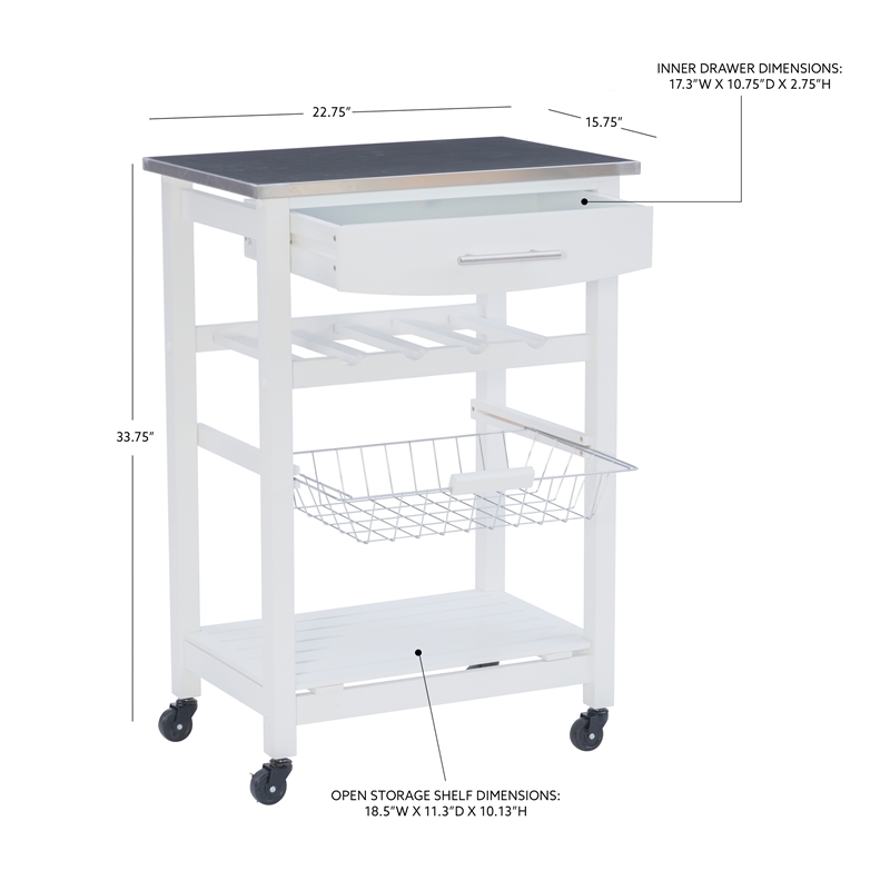 Riverbay Furniture Pine Wood White Kitchen Island Rectangular Food-Safe Granite Top Locking Casters