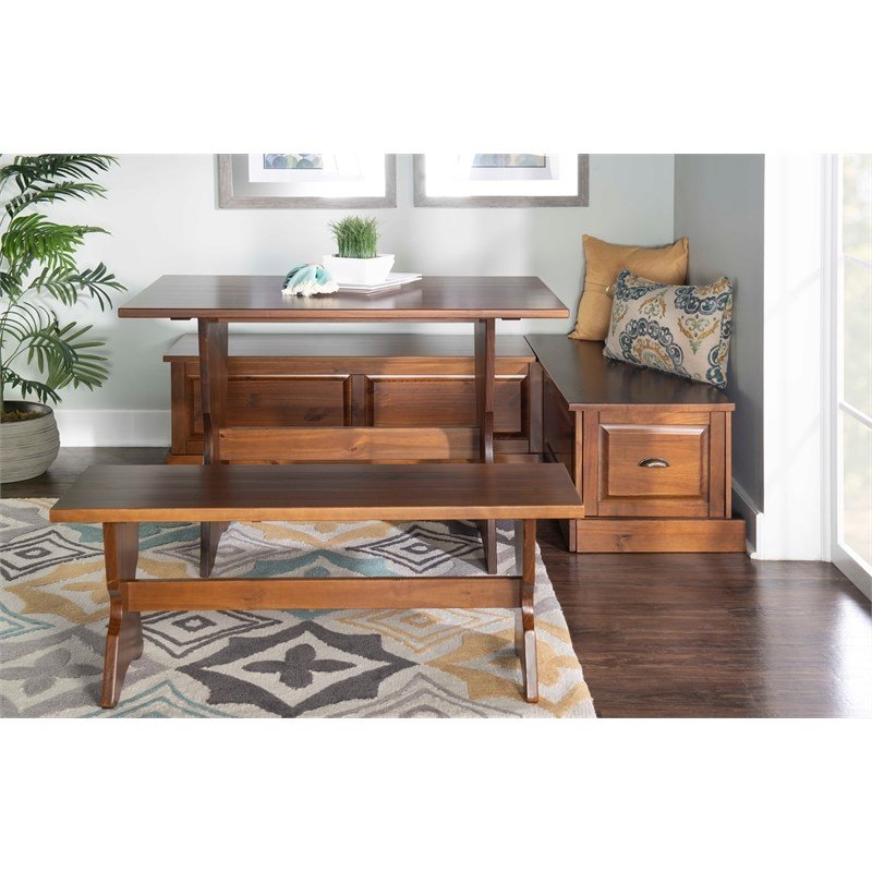 Riverbay Furniture Wood Backless Corner Table Booth & Bench Dining Set in Brown