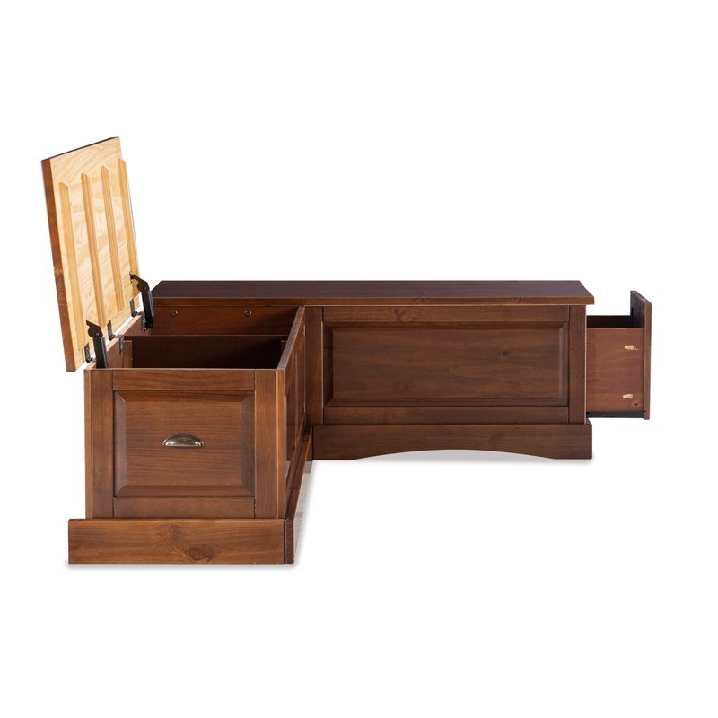 Riverbay Furniture Wood Backless Corner Table Booth & Bench Dining Set in Brown