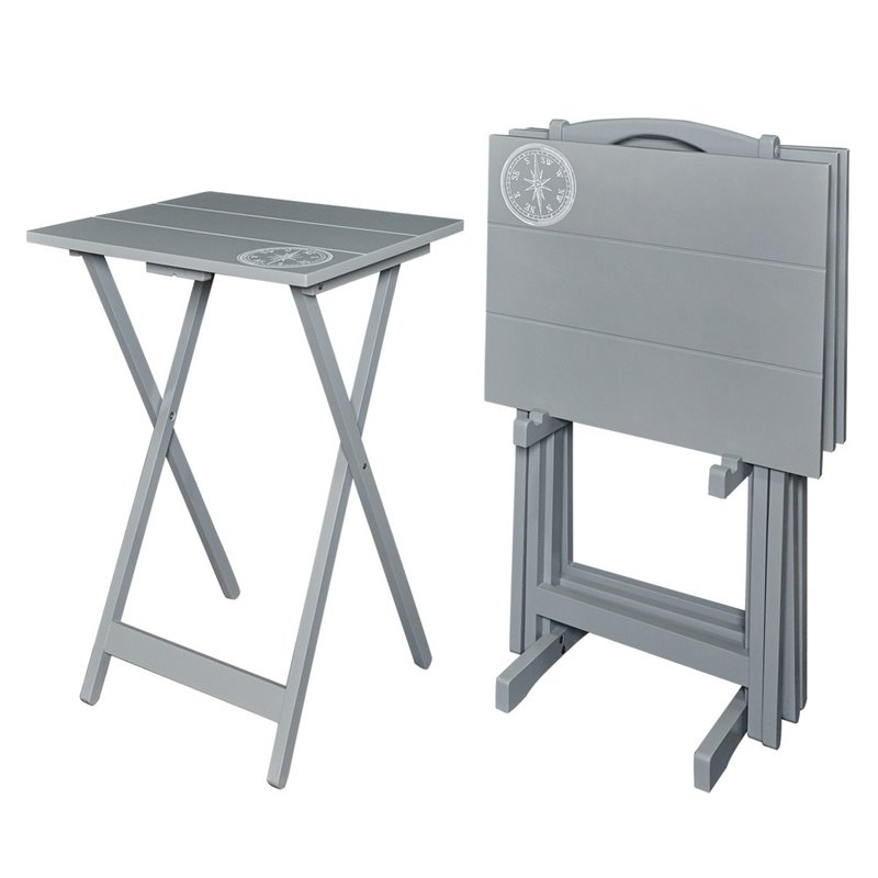 Riverbay Furniture Transitional Wood 5 Piece Compass Tray Table Set in Gray