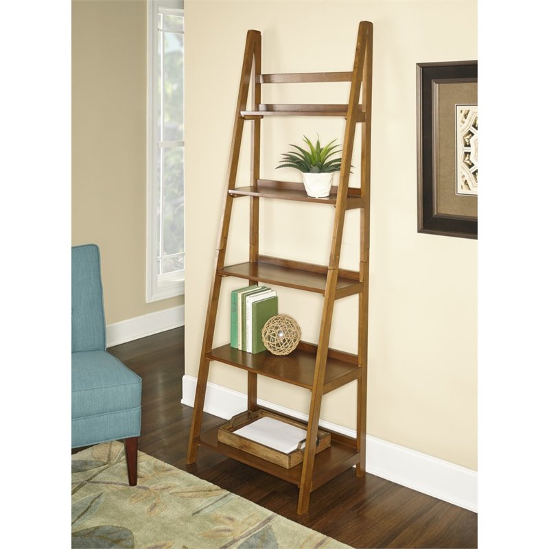 Riverbay Furniture 5 Shelf Ladder Bookshelf Bookcase in Warm Brown