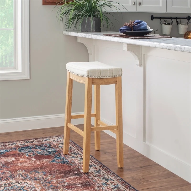 Riverbay Furniture Rubberwood Rustic Brown Bar Stool Striped Fabric 32