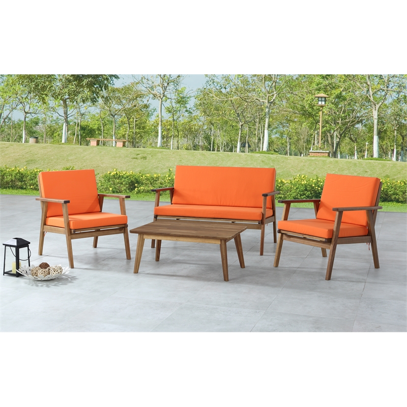 Riverbay Furniture Acacia Wood Acorn Brown Outdoor Sofa Set Rectangular Vibrant Cushions Assembly Required