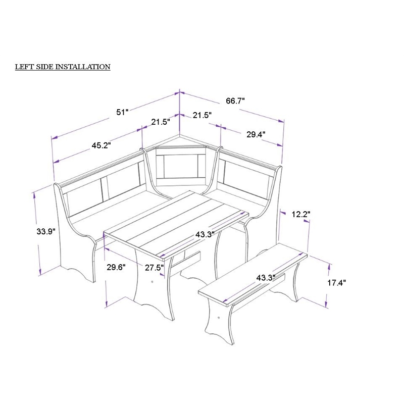 Riverbay Furniture Kerry Planked Solid Wood Dining Nook Set in Antique White
