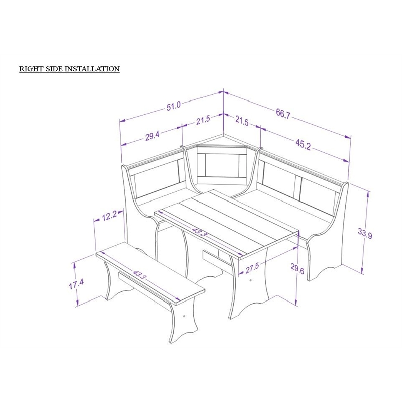 Riverbay Furniture Kerry Planked Solid Wood Dining Nook Set in Antique White