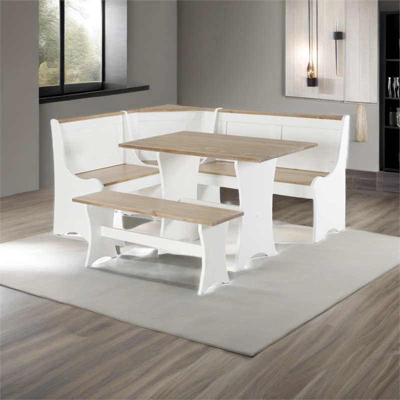 Riverbay Furniture Kerry Planked Solid Wood Dining Nook Set in Antique White